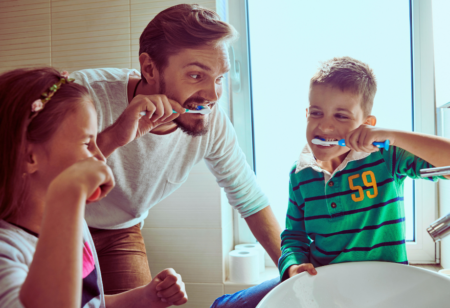 Kids and parents brushing teeth